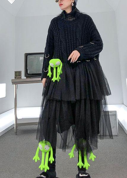 Christmas high neck patchwork tulle Sweater spring Beautiful black baggy knit dresses - SooLinen