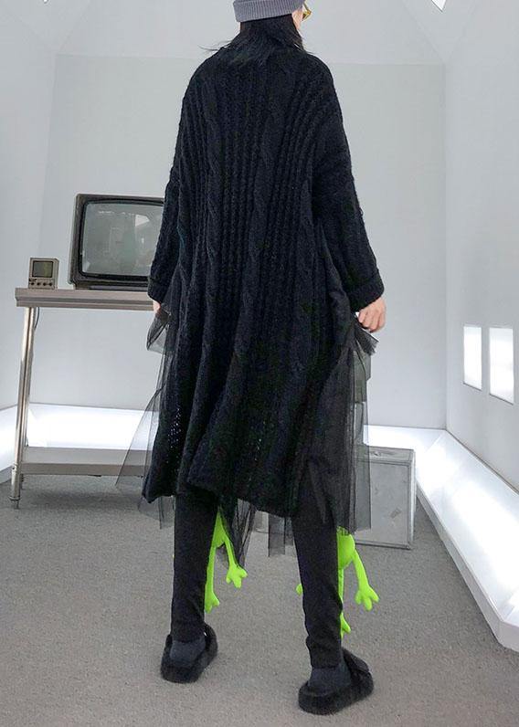 Christmas high neck patchwork tulle Sweater spring Beautiful black baggy knit dresses - SooLinen