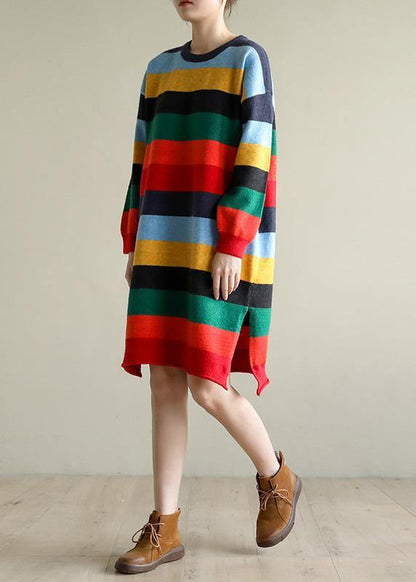 Christmas rainbow striped Sweater knit top pattern Moda side open oversized spring knitted tops - SooLinen