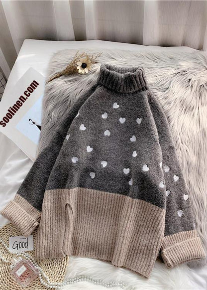 Chunky  gray Heart print knit tops oversize high neck patchwork knitted top - SooLinen