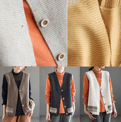 Chunky Khaki Knit Cardigans Fashion Spring V Neck Sleeveless Knitted Coat - SooLinen