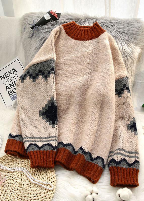 Chunky beige knitted top patchwork plus size clothing spring knit tops - SooLinen