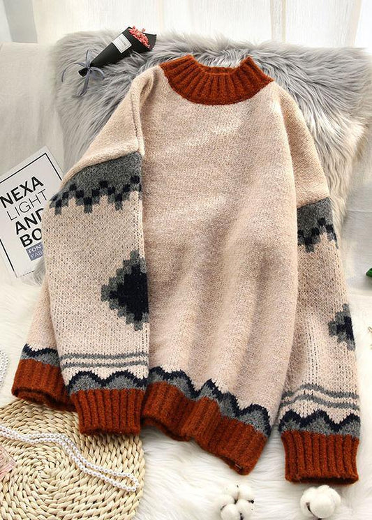 Chunky beige knitted top patchwork plus size clothing spring knit tops - SooLinen