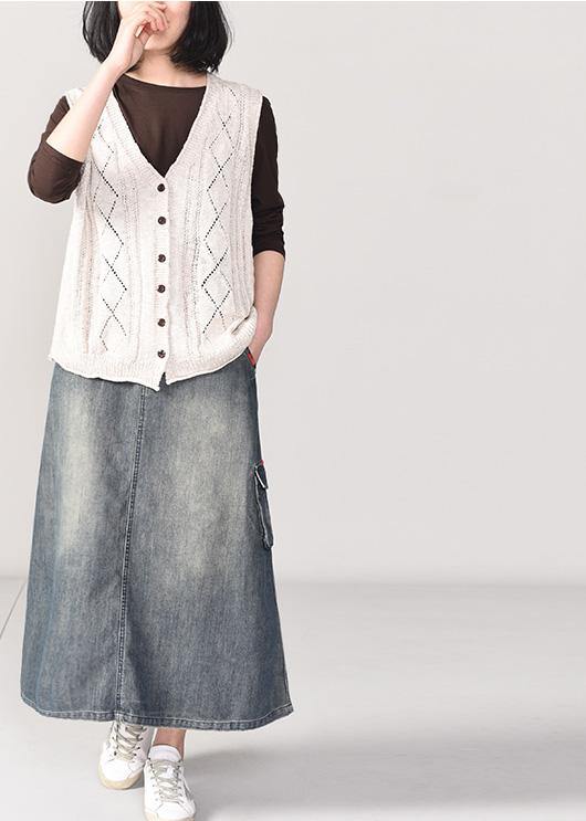 Chunky beige sweater coat plus size v neck knitted coat sleeveless - SooLinen