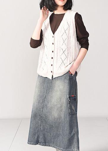 Chunky beige sweater coat plus size v neck knitted coat sleeveless - SooLinen