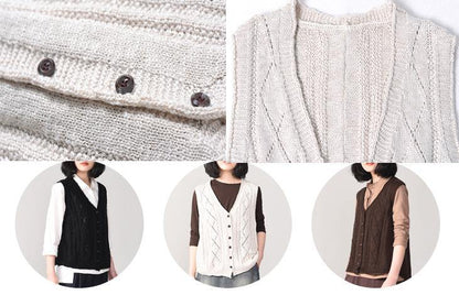 Chunky beige sweater coat plus size v neck knitted coat sleeveless - SooLinen