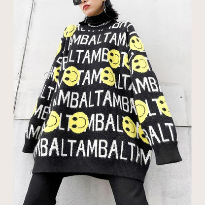 Chunky black Letter crane tops o neck trendy plus size knitted blouse - SooLinen