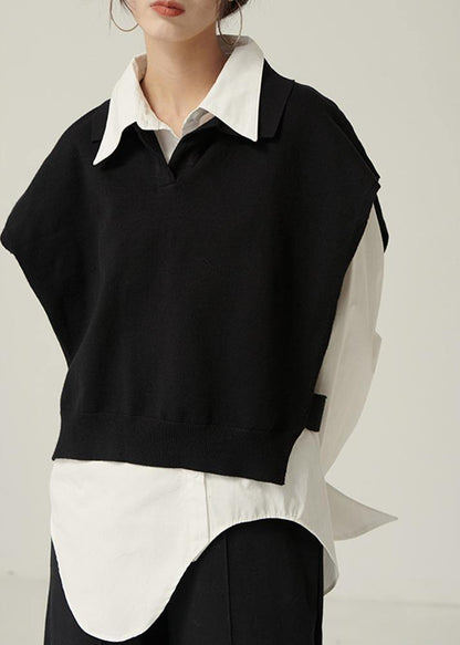 Chunky black knitwear plus size clothing lapel sleeveless tops - SooLinen