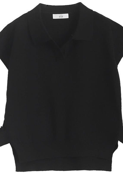 Chunky black knitwear plus size clothing lapel sleeveless tops - SooLinen