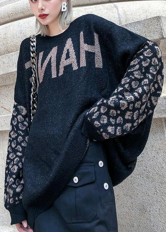 Chunky black print knit tops plus size clothing o neck patchwork knit tops - SooLinen