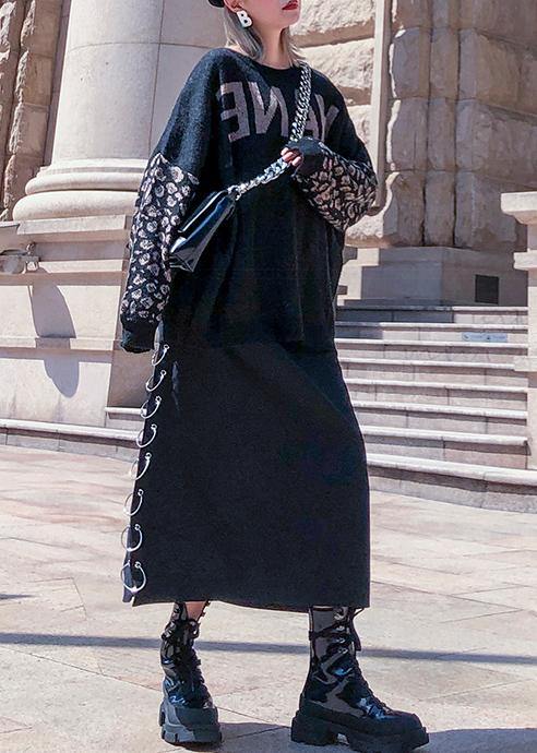 Chunky black print knit tops plus size clothing o neck patchwork knit tops - SooLinen