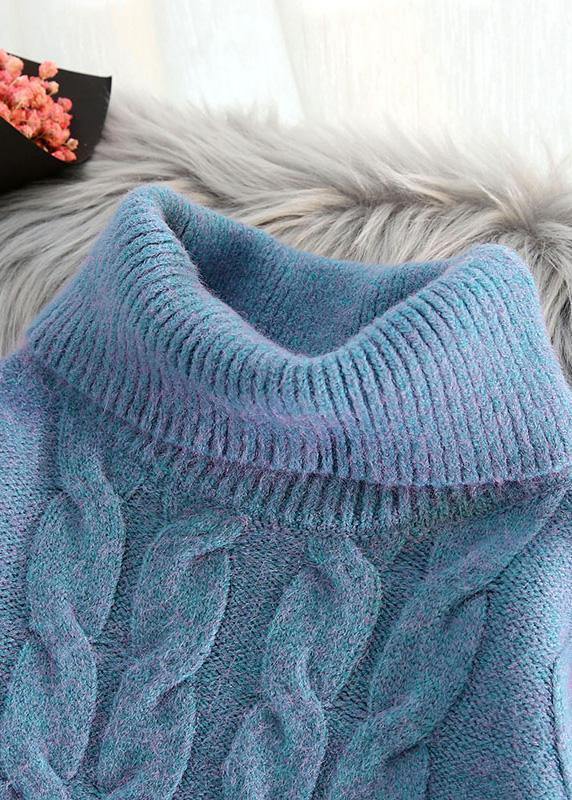 Chunky blue knit tops cable casual high neck knitwear - SooLinen