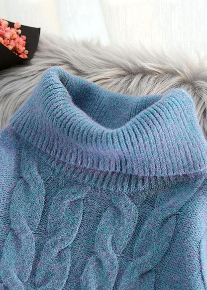 Chunky blue knit tops cable casual high neck knitwear - SooLinen