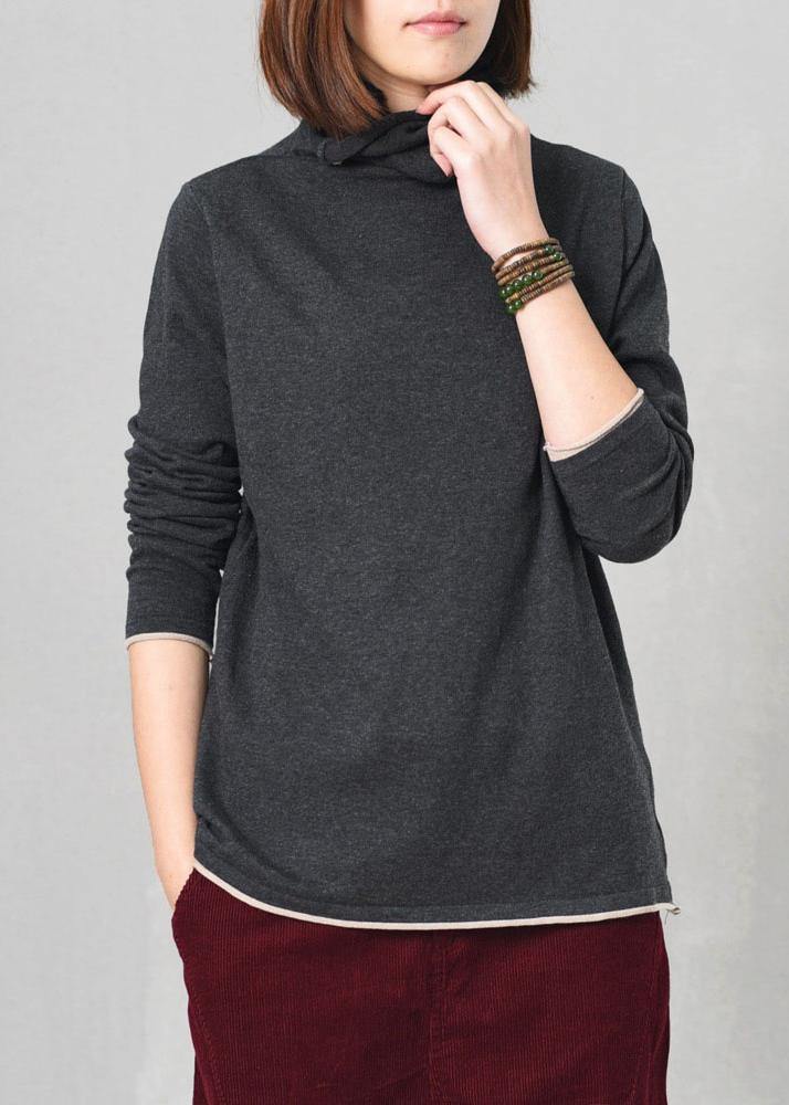 Chunky dark gray knit blouse oversize high neck sweaters fall - SooLinen