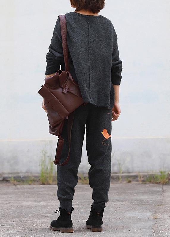 Chunky dark gray knit jacket casual v neck knitwear pockets - SooLinen