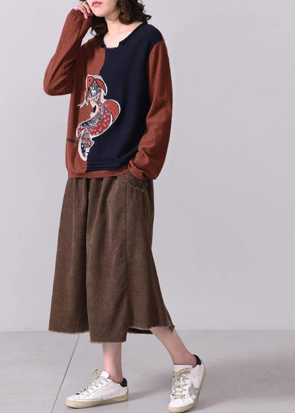 Chunky dark red patchwork navy sweater fall fashion Appliques sweaters o neck - SooLinen