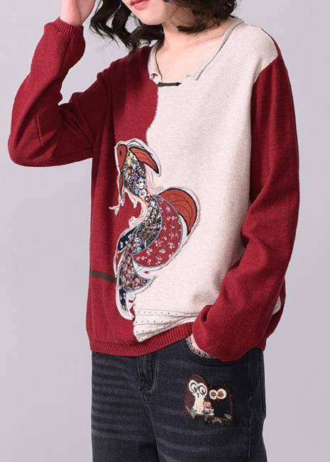 Chunky dark red patchwork navy sweater fall fashion Appliques sweaters o neck - SooLinen