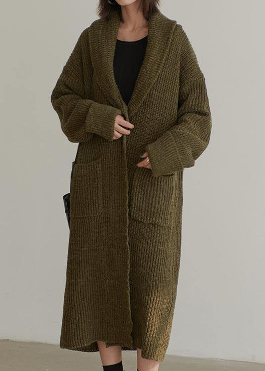 Chunky fall knit sweat tops plus size army green v neck pockets cardigan - SooLinen