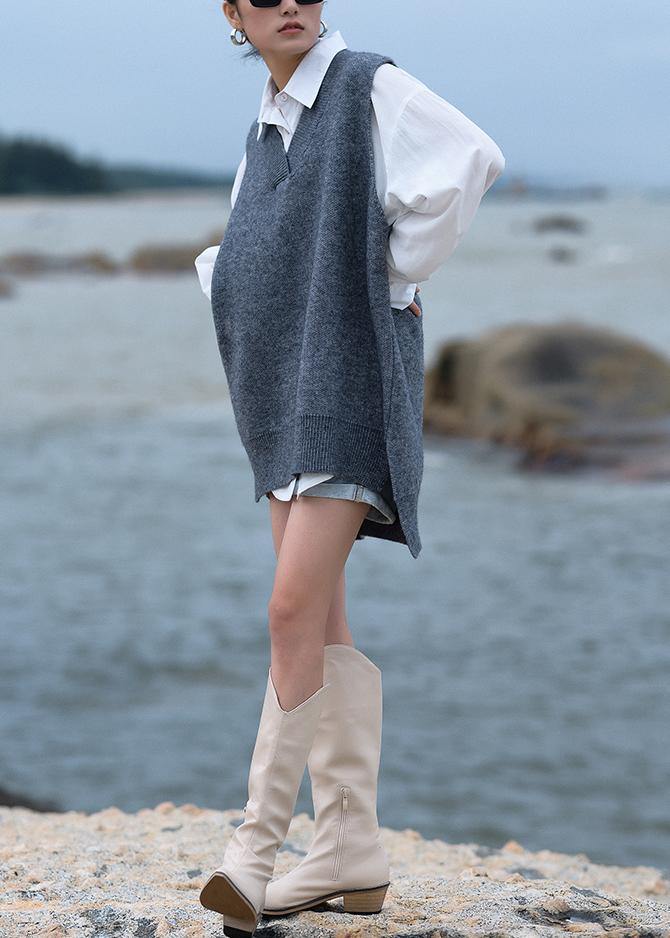 Chunky gray knit blouse  v neck low high design trendy plus size fall knit tops - SooLinen