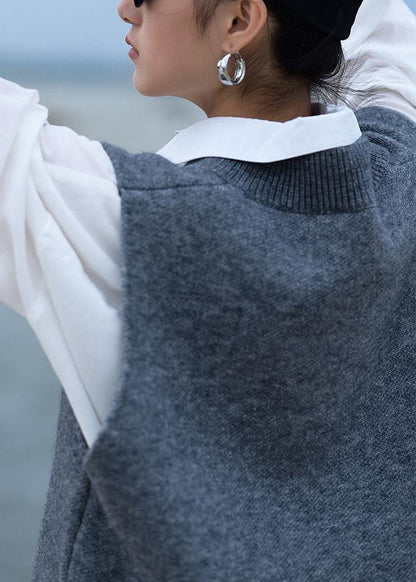 Chunky gray knit blouse  v neck low high design trendy plus size fall knit tops - SooLinen