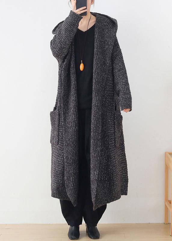 Chunky gray knitted cardigans plus size clothing hooded pockets knit outwear - SooLinen