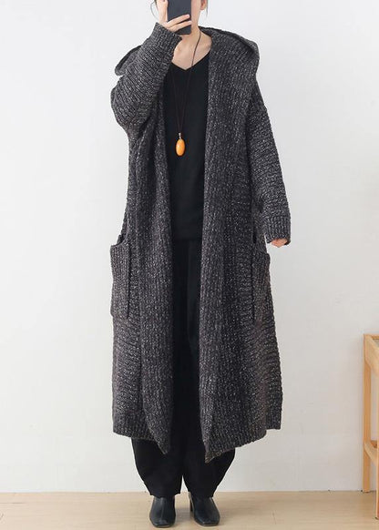 Chunky gray knitted cardigans plus size clothing hooded pockets knit outwear - SooLinen