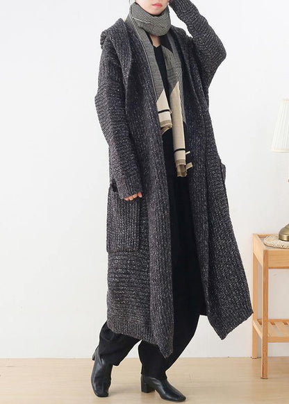 Chunky gray knitted cardigans plus size clothing hooded pockets knit outwear - SooLinen