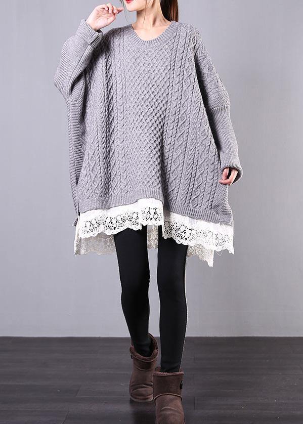 Chunky gray sweaters plus size clothing o neck Batwing Sleeve knit tops - SooLinen