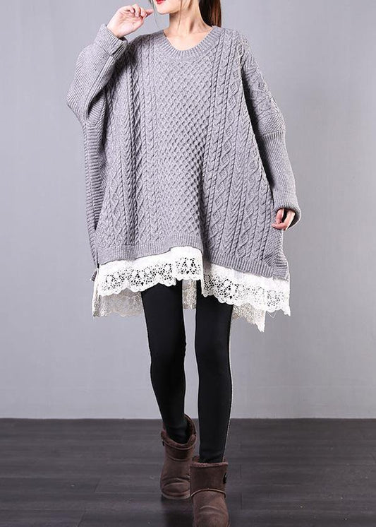 Chunky gray sweaters plus size clothing o neck Batwing Sleeve knit tops - SooLinen