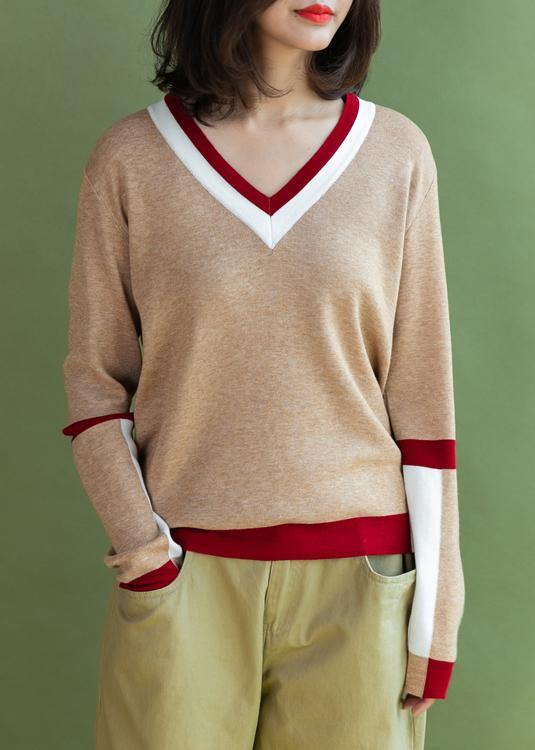 Chunky khaki knit blouse casual v neck sweaters side open - SooLinen