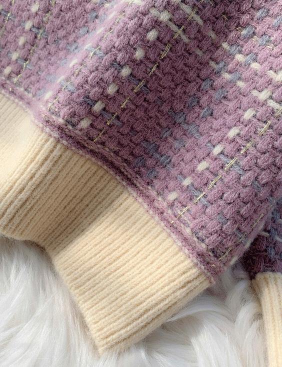 Chunky light purple plaid knitted blouse plus size o neck patchwork top - SooLinen