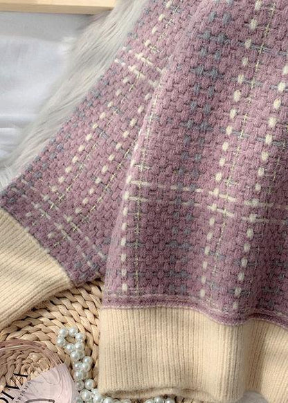 Chunky light purple plaid knitted blouse plus size o neck patchwork top - SooLinen
