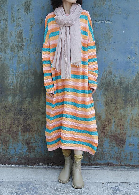 Chunky o neck Sweater side open dress outfit plus size striped baggy knitted tops - SooLinen
