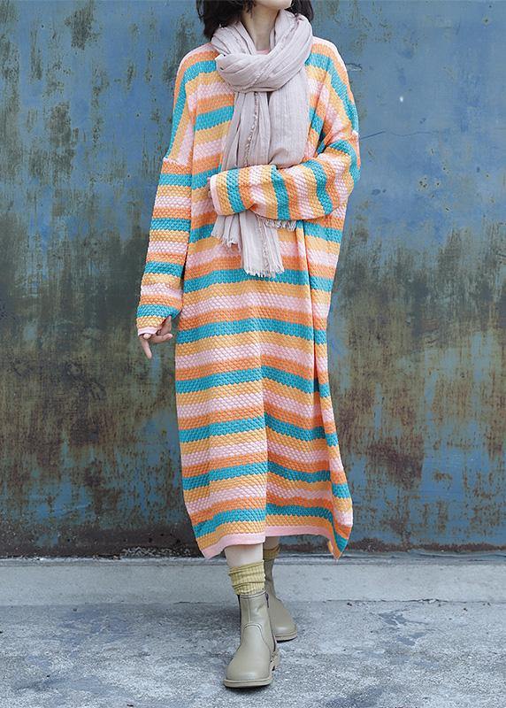 Chunky o neck Sweater side open dress outfit plus size striped baggy knitted tops - SooLinen