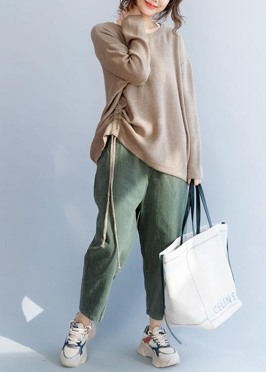 Chunky o neck khaki knit sweat tops fall fashion drawstring knit - SooLinen