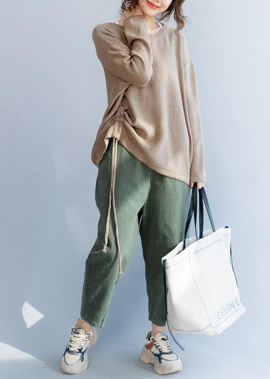 Chunky o neck khaki knit sweat tops fall fashion drawstring knit - SooLinen