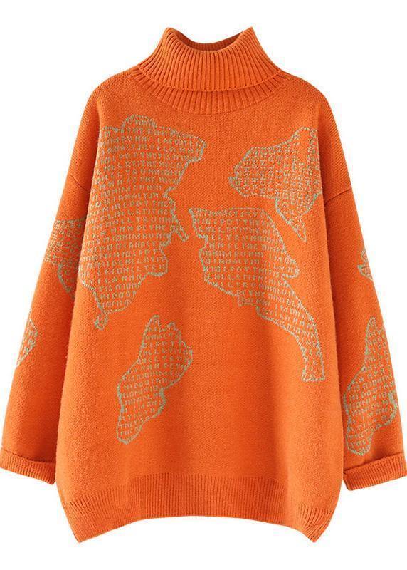 Chunky orange crane tops high neck oversize wild knitwear - SooLinen