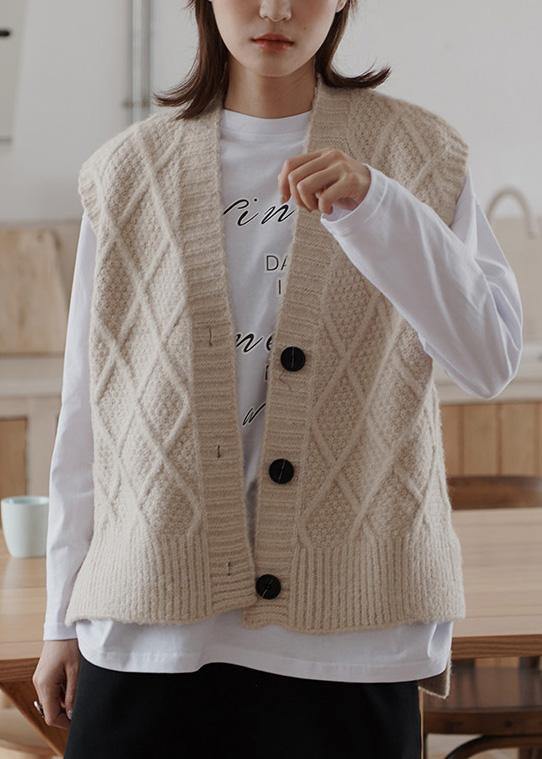 Chunky sleeveless beige knitwear plus size v neck knit blouse - SooLinen