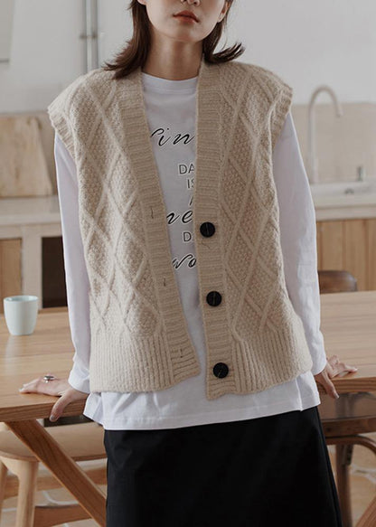 Chunky sleeveless beige knitwear plus size v neck knit blouse - SooLinen