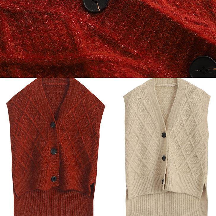 Chunky sleeveless beige knitwear plus size v neck knit blouse - SooLinen