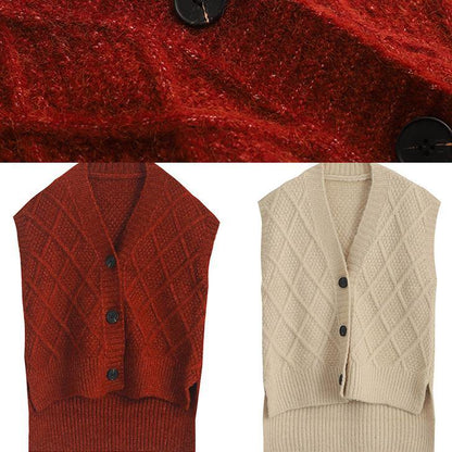 Chunky sleeveless beige knitwear plus size v neck knit blouse - SooLinen