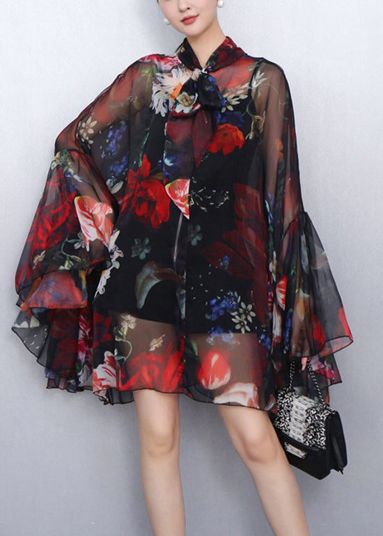 Classic Style Bold Floral Print Bow Chiffon Two Pieces Set Dress Fall