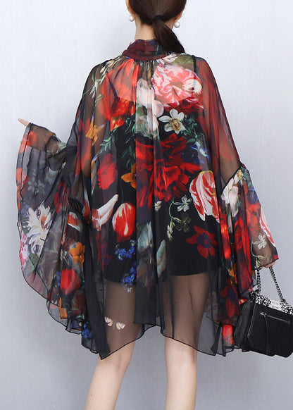 Classic Style Bold Floral Print Bow Chiffon Two Pieces Set Dress Fall