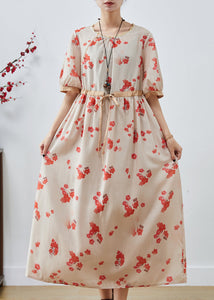 Classy Apricot Cinched Print Cotton Dresses Summer