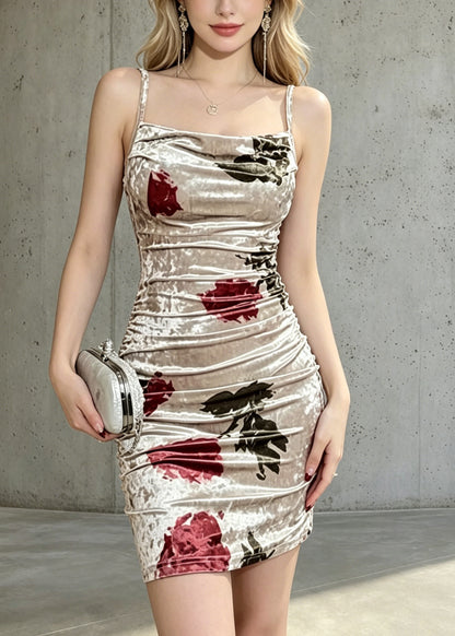 Classy Apricot Cinched Print Silk Velvet Cami Dress Summer