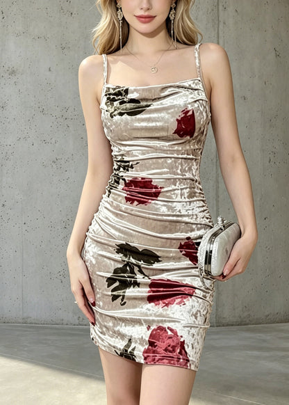Classy Apricot Cinched Print Silk Velvet Cami Dress Summer