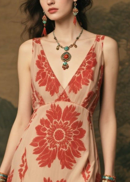 Classy Apricot Print Chiffon Beach Dress Summer