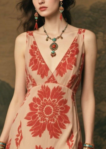 Classy Apricot Print Chiffon Beach Dress Summer