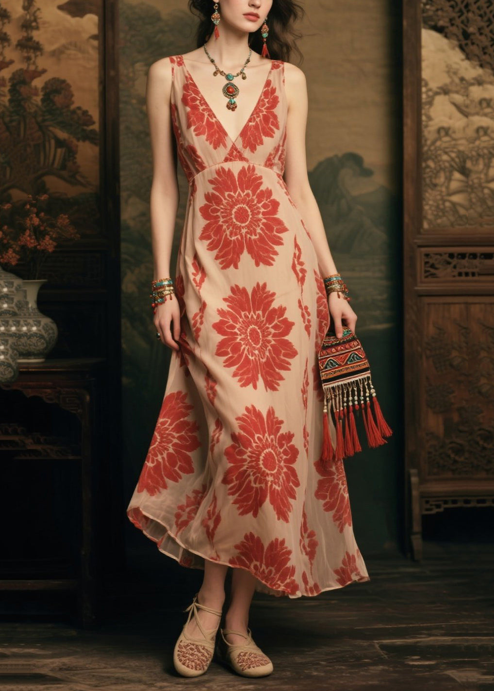 Classy Apricot Print Chiffon Beach Dress Summer