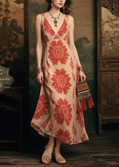 Classy Apricot Print Chiffon Beach Dress Summer